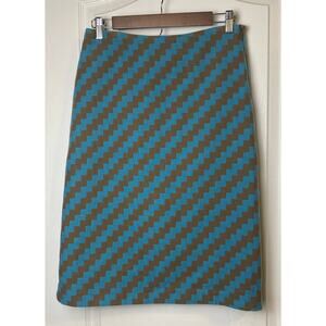 J. Crew Teal Brown Zig Zag Houndstooth Lined Wool Pencil Skirt Women's Size 2